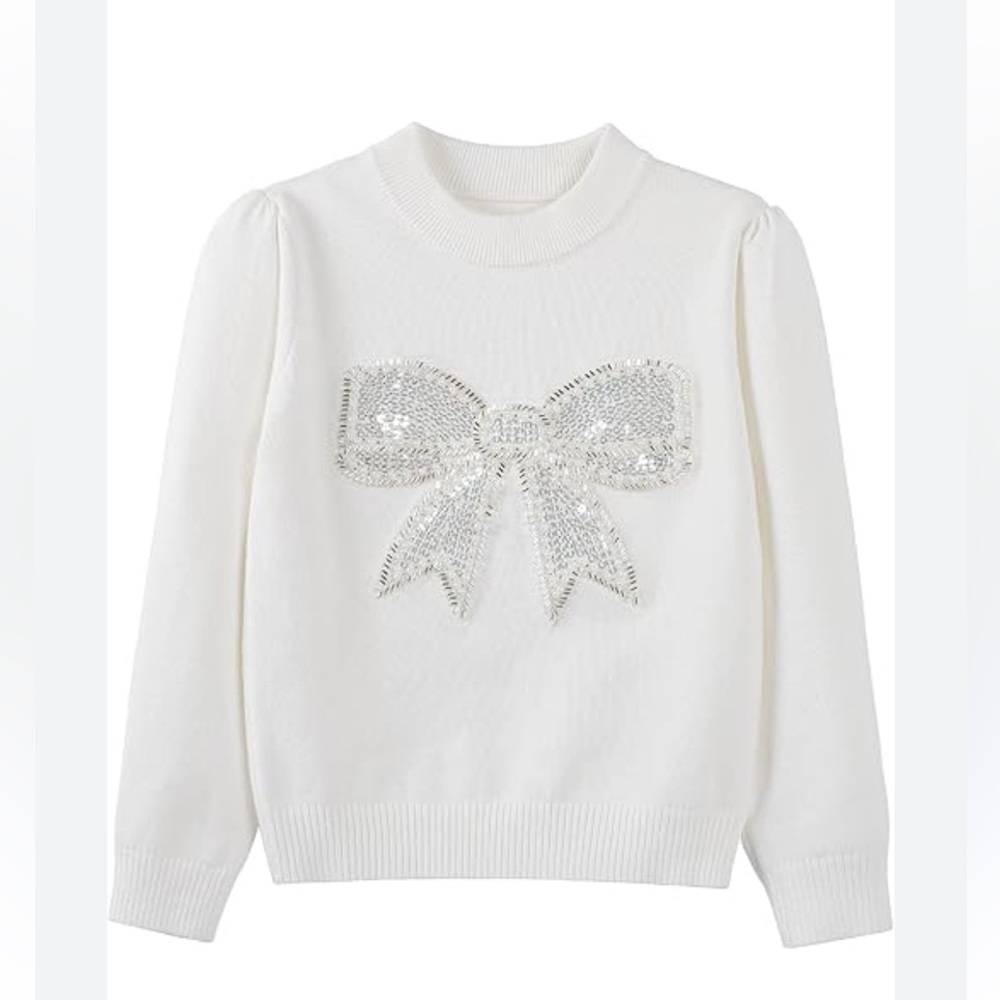 NWOT- Toddler Girls Elegant Sequined Bow Crew neck long Sweater Top. SZ 5/6 T